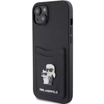 Custodia rigida Karl Lagerfeld KLHCP15SSAPKCNPK iPhone 15 / 14 / 13 6.1 nero Saffiano porta carte Karl & Choupette spilla in metallo