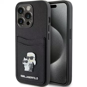 Custodia rigida Karl Lagerfeld KLHCP15LSAPKCNPK iPhone 15 Pro 6.1 nero Saffiano porta carte Karl & Choupette spilla in metallo