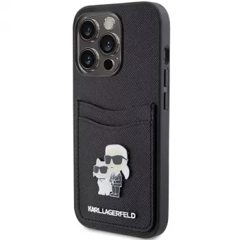 Custodia rigida Karl Lagerfeld KLHCP15LSAPKCNPK iPhone 15 Pro 6.1 nero Saffiano porta carte Karl & Choupette spilla in metallo