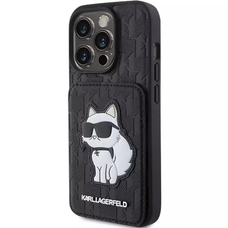 Karl Lagerfeld KLHCP15XSAKCNSCK iPhone 15 Pro Max 6,7 inch custodia rigida nera Saffiano con porta carte e supporto Monogram Choupette