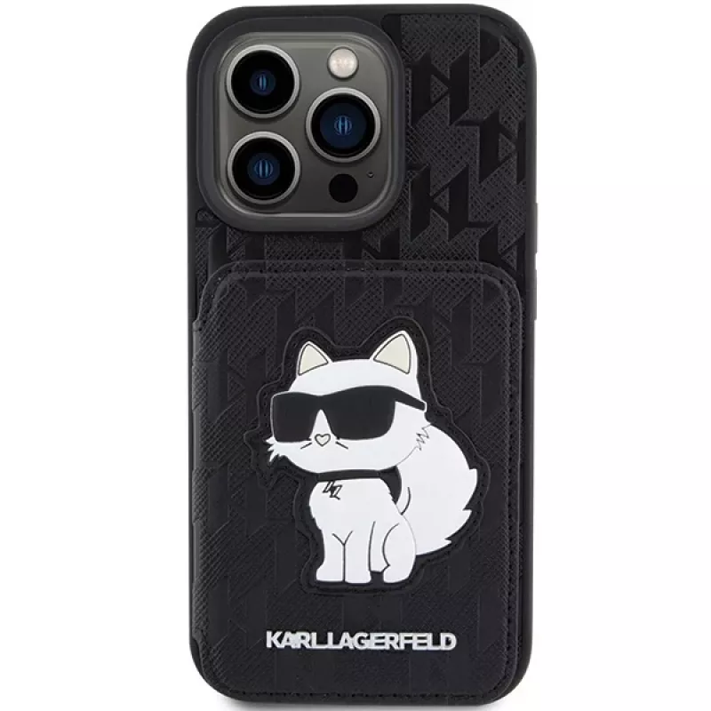 Karl Lagerfeld KLHCP15XSAKCNSCK iPhone 15 Pro Max 6,7 inch custodia rigida nera Saffiano con porta carte e supporto Monogram Choupette