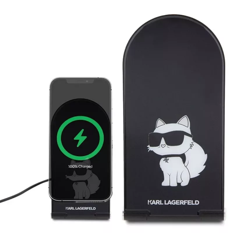 Karl Lagerfeld caricabatterie wireless pieghevole 2 in 1 KLDCRFALCHNK 15W nero Choupette MagSafe