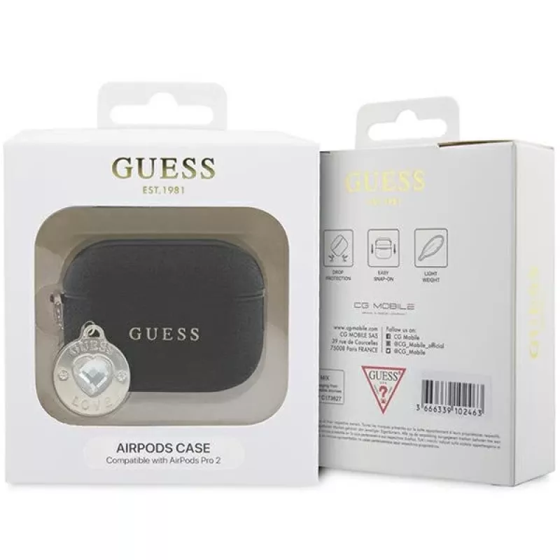 Guess GUAP2PGEHCDK cover per AirPods Pro 2 (2022/2023) nera con ciondolo cuore in glitter e diamante