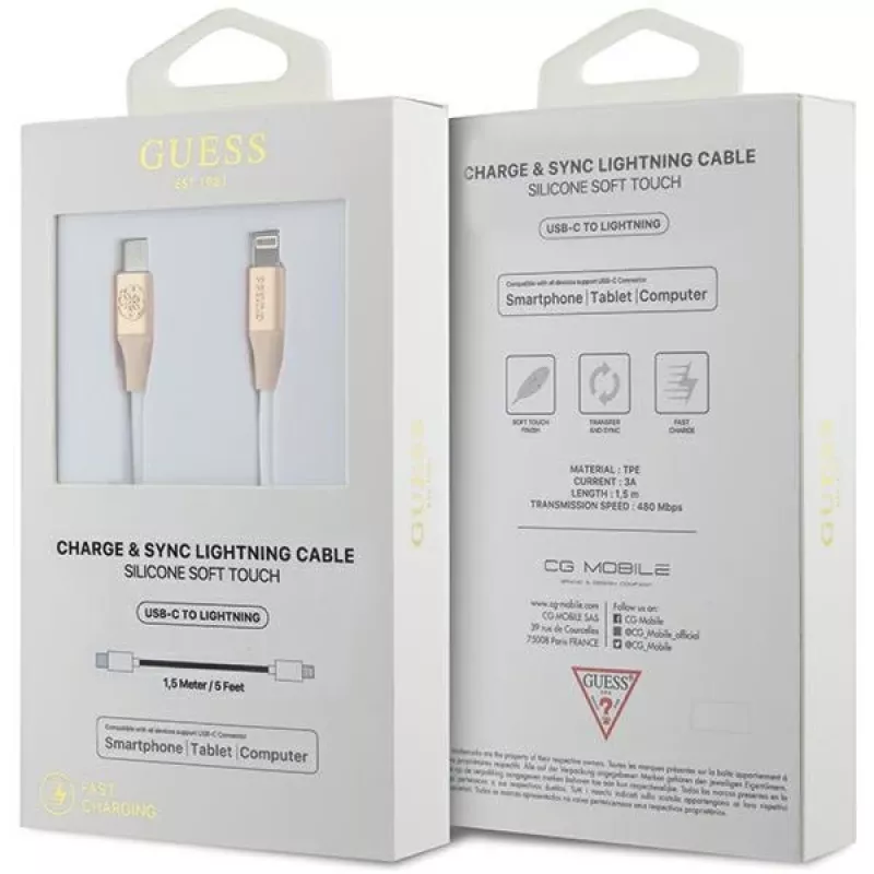Guess GUCLLALRGDD cavo USB-C a Lightning 1,5 m ricarica rapida oro chiaro con logo in rilievo