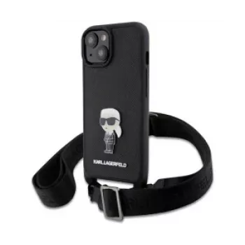 Custodia Karl Lagerfeld Saffiano Metal Ikonik per iPhone 15 nero