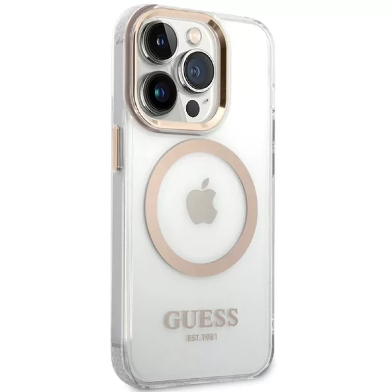 Custodia rigida Guess GUHMP15SHTRMD Metal Outline per iPhone 15/14/13, oro, MagSafe