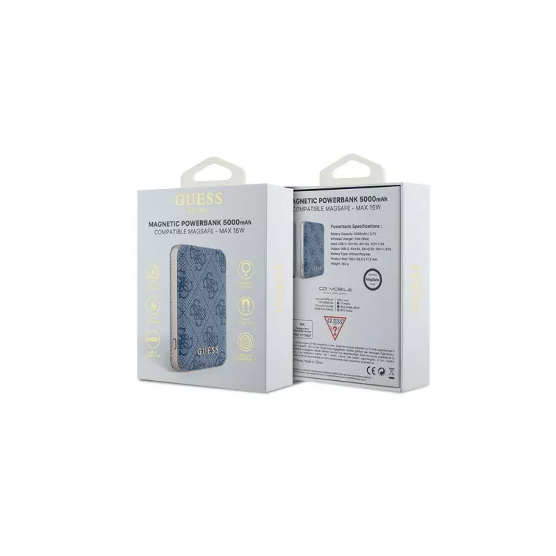 Power bank wireless Guess 5000mAh blu 4G pelle Metal Logo MagSafe 15W