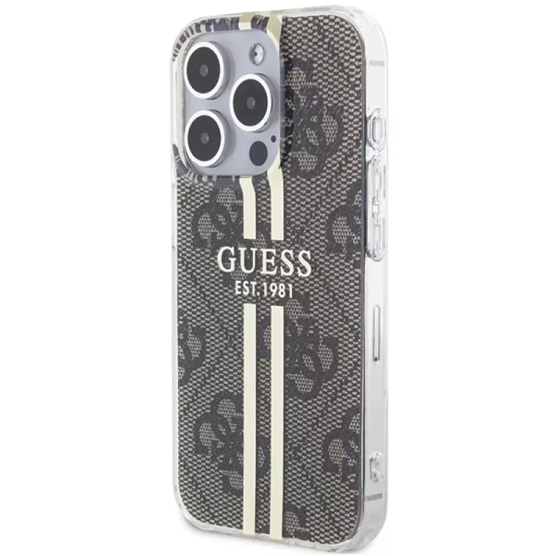 Guess GUHCP15LH4PSEGW iPhone 15 Pro 6.1 Custodia rigida IML 4G Gold Stripe marrone