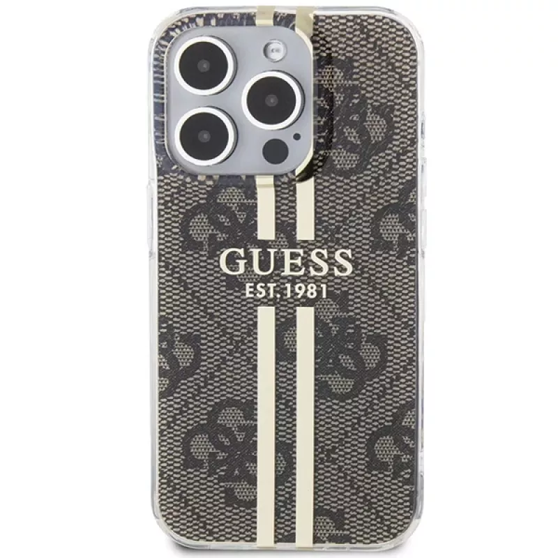Guess GUHCP15LH4PSEGW iPhone 15 Pro 6.1 Custodia rigida IML 4G Gold Stripe marrone