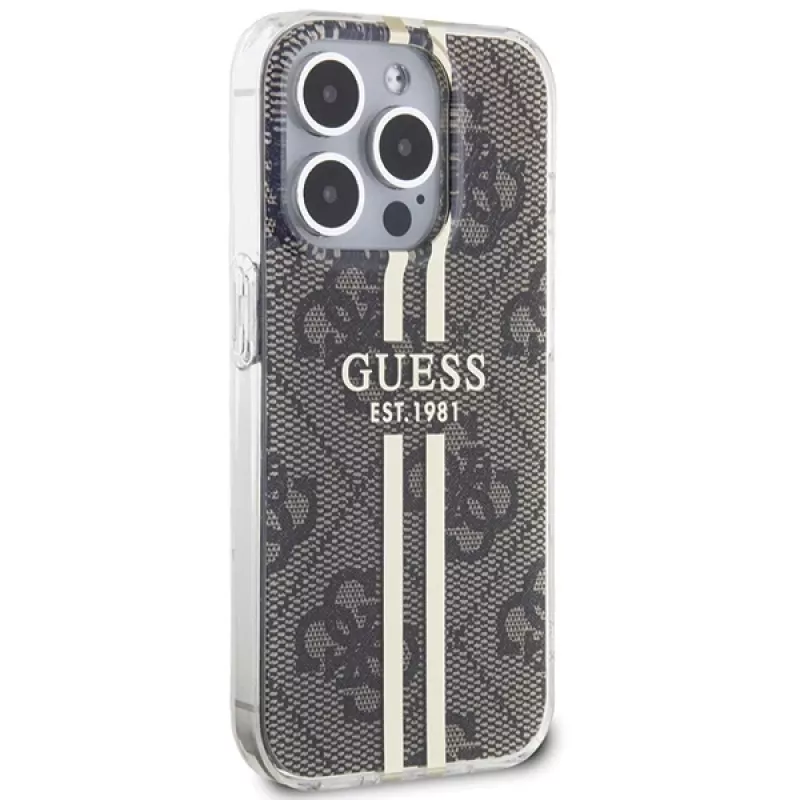 Guess GUHCP15LH4PSEGW iPhone 15 Pro 6.1 Custodia rigida IML 4G Gold Stripe marrone