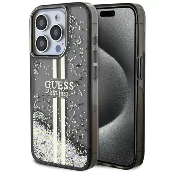 Guess GUHCP15LLFCSEGK iPhone 15 Pro 6.1 Custodia rigida Liquid Glitter Gold Stripes nero