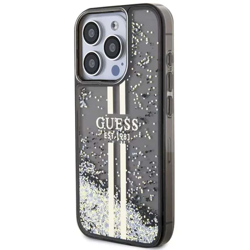 Guess GUHCP15LLFCSEGK iPhone 15 Pro 6.1 Custodia rigida Liquid Glitter Gold Stripes nero