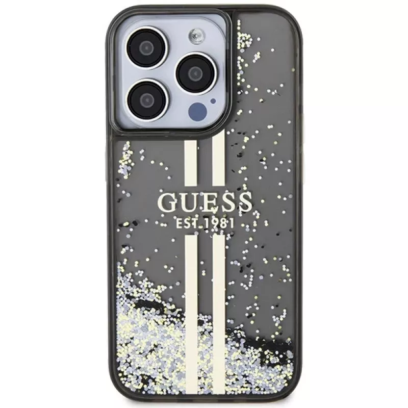 Guess GUHCP15LLFCSEGK iPhone 15 Pro 6.1 Custodia rigida Liquid Glitter Gold Stripes nero