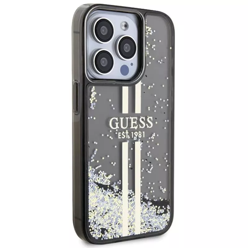 Guess GUHCP15LLFCSEGK iPhone 15 Pro 6.1 Custodia rigida Liquid Glitter Gold Stripes nero
