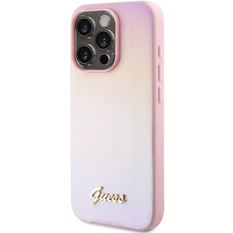 Guess Saffiano Iridescent Script Custodia rigida per Apple iPhone 14 Pro Max 6,7 - rosa