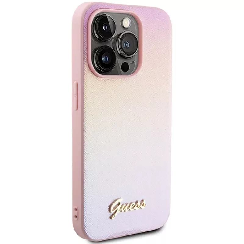 Guess GUHCP15XPSAIRSP Saffiano Iridescent Script Custodia rigida per Apple iPhone 15 Pro Max 6,7