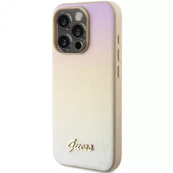 Guess GUHCP15XPSAIRSD Saffiano Iridescent Script Custodia rigida per iPhone 15 Pro Max, oro
