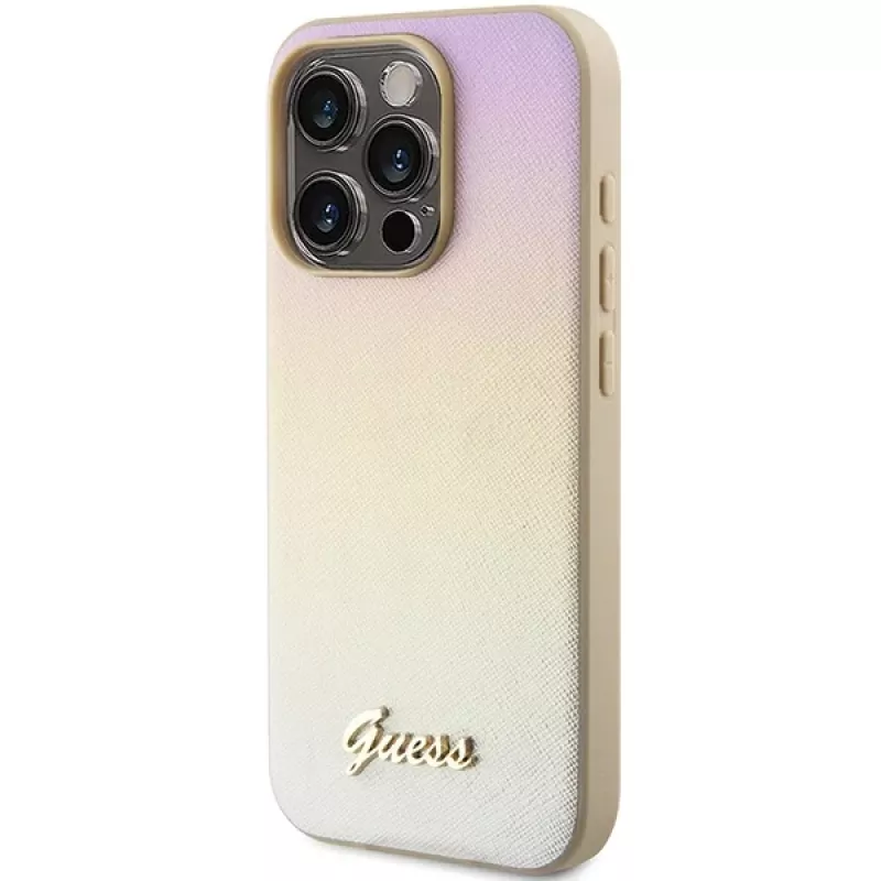 Guess GUHCP15XPSAIRSD Saffiano Iridescent Script Custodia rigida per iPhone 15 Pro Max, oro