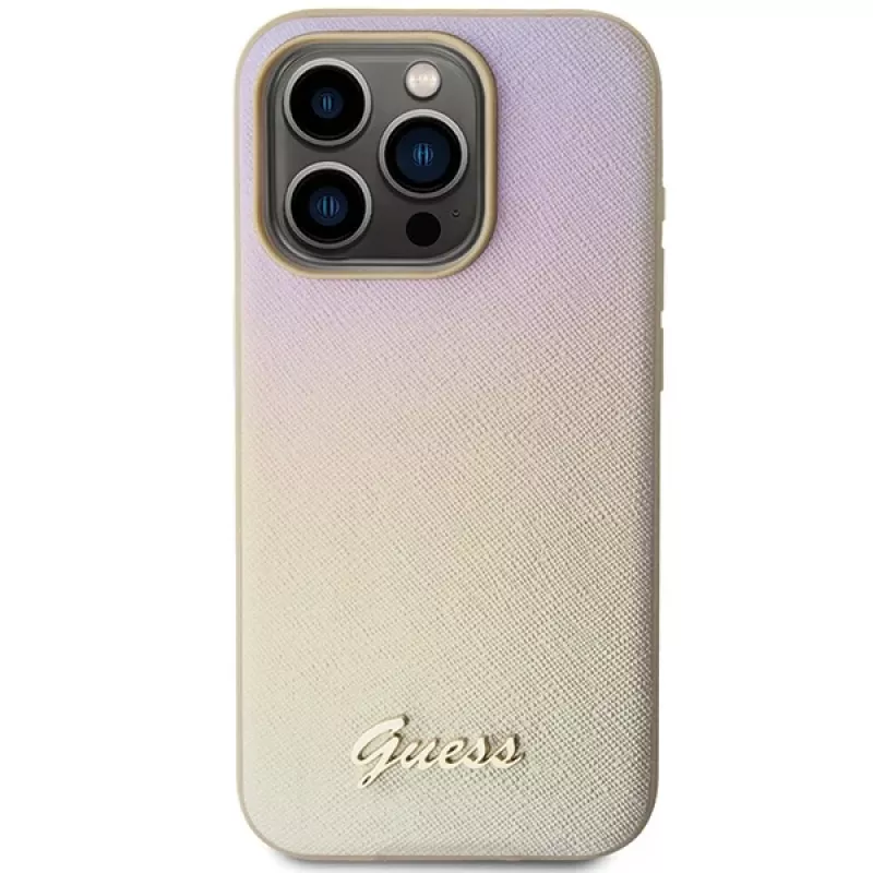Guess GUHCP15XPSAIRSD Saffiano Iridescent Script Custodia rigida per iPhone 15 Pro Max, oro