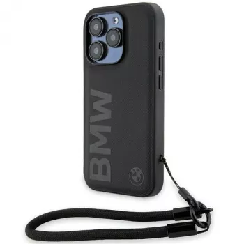 BMW Signature Leather Wordmark Cord Custodia rigida per iPhone 15 Pro 6.1 nero