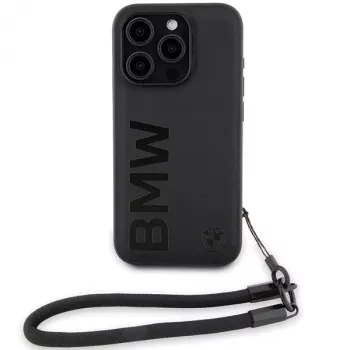 BMW Signature Leather Wordmark Cord Custodia rigida per iPhone 15 Pro 6.1 nero