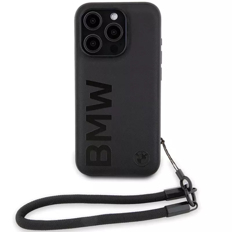 BMW Signature Leather Wordmark Cord Custodia rigida per iPhone 15 Pro 6.1 nero