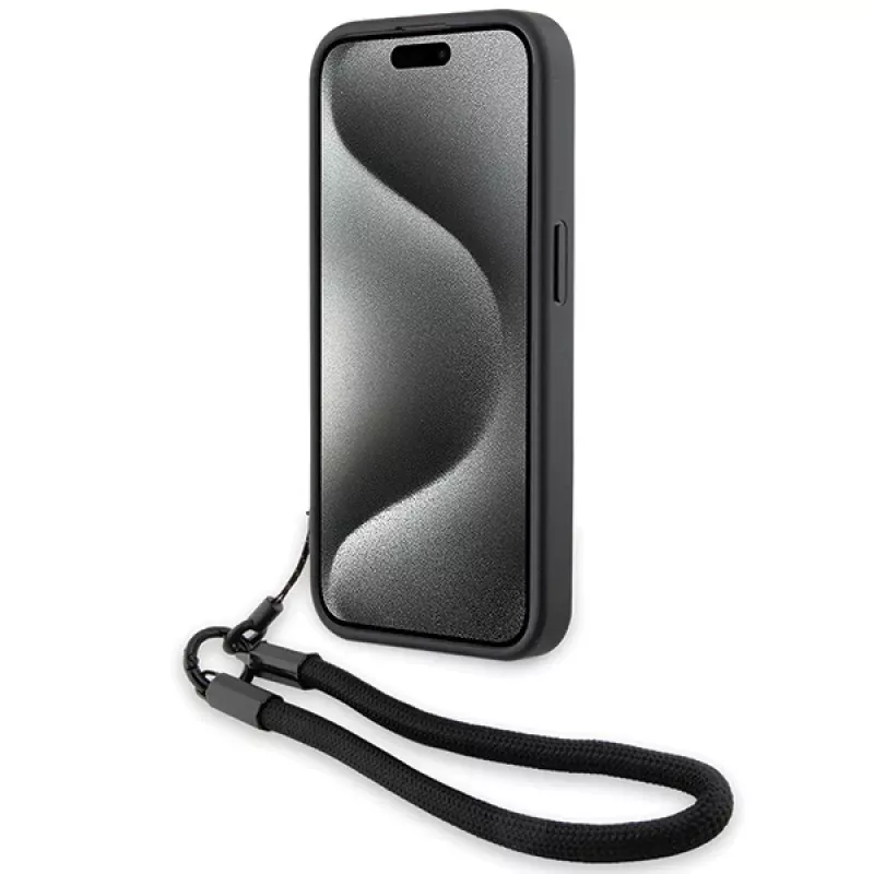 BMW Signature Leather Wordmark Cord Custodia rigida per iPhone 15 Pro 6.1 nero
