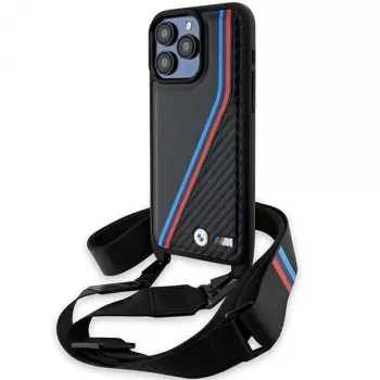 BMW M Edition Carbon Tricolor Lines Custodia rigida con cinturino per Apple iPhone 15 Pro Max 6,7