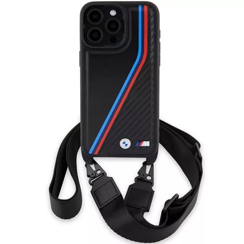 BMW M Edition Carbon Tricolor Lines Custodia rigida con cinturino per Apple iPhone 15 Pro Max 6,7