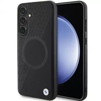 BMW Signature Leather Half Textured & Circle custodia rigida MagSafe per Samsung Galaxy S24 S921 nero