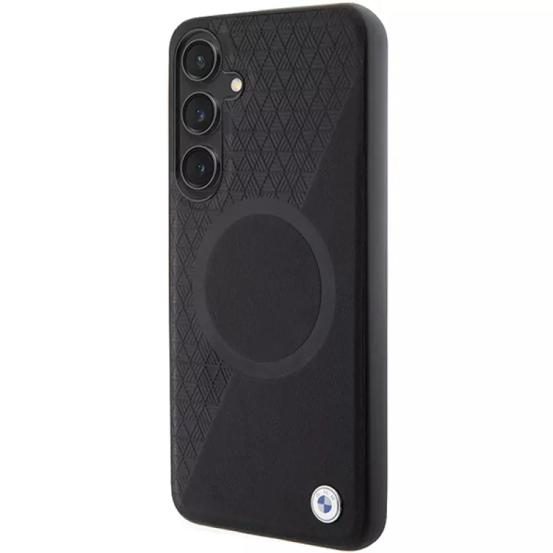BMW Signature Leather Half Textured & Circle custodia rigida MagSafe per Samsung Galaxy S24 S921 nero