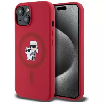 KARL LAGERFELD custodia in silicone per iPhone 15 con MagSafe e anello - Karl & Choupette Heads - rosso