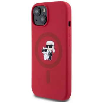 KARL LAGERFELD custodia in silicone per iPhone 15 con MagSafe e anello - Karl & Choupette Heads - rosso
