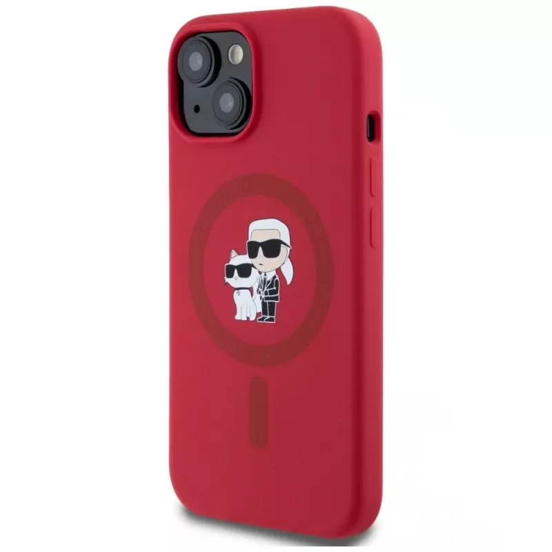KARL LAGERFELD custodia in silicone per iPhone 15 con MagSafe e anello - Karl & Choupette Heads - rosso