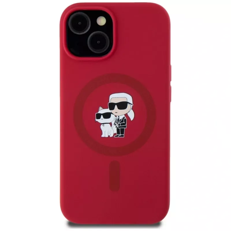 KARL LAGERFELD custodia in silicone per iPhone 15 con MagSafe e anello - Karl & Choupette Heads - rosso