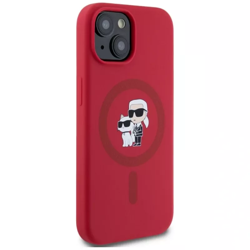 KARL LAGERFELD custodia in silicone per iPhone 15 con MagSafe e anello - Karl & Choupette Heads - rosso