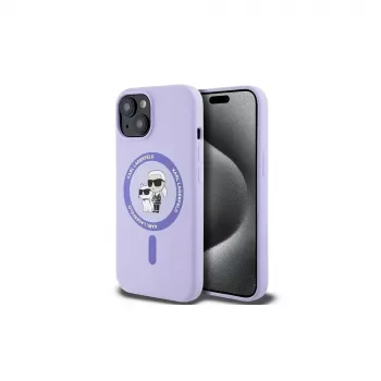 Karl Lagerfeld KLHMP15SSCMKCRHU iPhone 15 6,1 inch viola custodia rigida in silicone con anello Karl & Choupette Heads e MagSafe