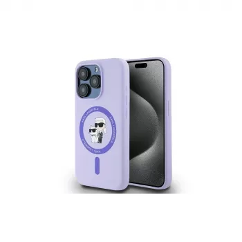 Karl Lagerfeld KLHMP15LSCMKCRHU iPhone 15 Pro 6,1 inch custodia in silicone viola con anello Karl & Choupette Heads e MagSafe