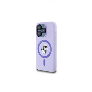 Karl Lagerfeld KLHMP15LSCMKCRHU iPhone 15 Pro 6,1 inch custodia in silicone viola con anello Karl & Choupette Heads e MagSafe
