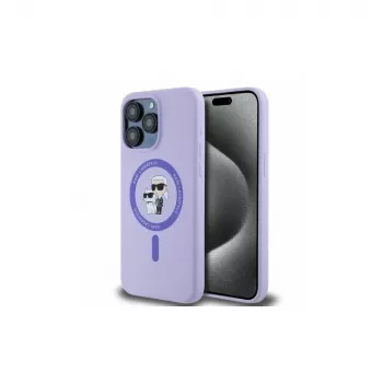 Karl Lagerfeld iPhone 15 Pro Max 6,7 inch viola custodia rigida in silicone con anello Karl & Choupette Heads MagSafe