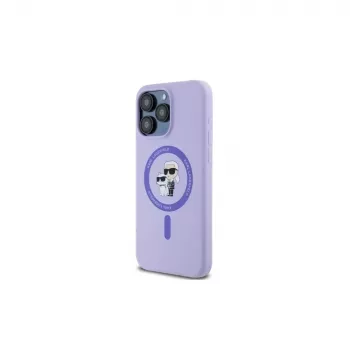 Karl Lagerfeld iPhone 15 Pro Max 6,7 inch viola custodia rigida in silicone con anello Karl & Choupette Heads MagSafe