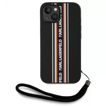 KARL LAGERFELD Saffiano Athleisure Stripes Cord custodia per iPhone 15, nero-rosso