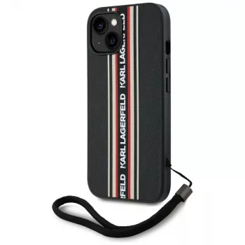KARL LAGERFELD Saffiano Athleisure Stripes Cord custodia per iPhone 15, nero-rosso