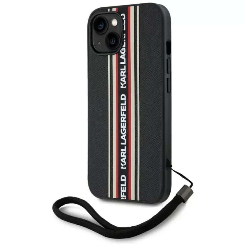 KARL LAGERFELD Saffiano Athleisure Stripes Cord custodia per iPhone 15, nero-rosso