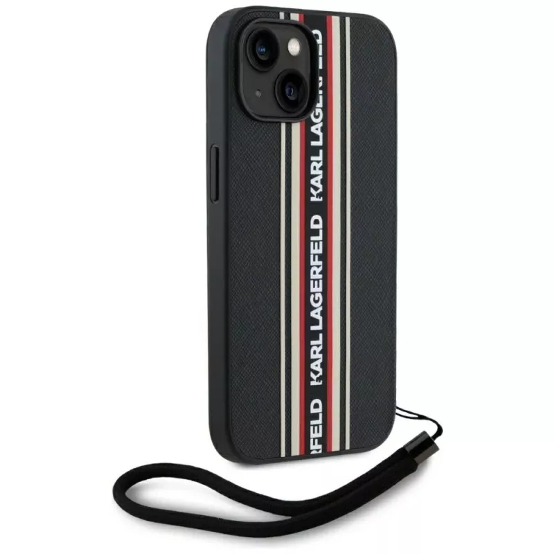 KARL LAGERFELD Saffiano Athleisure Stripes Cord custodia per iPhone 15, nero-rosso