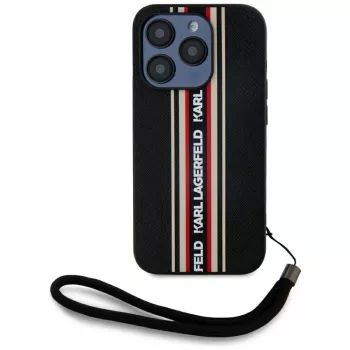 KARL LAGERFELD Saffiano Athleisure Stripes Cord custodia per iPhone 15 Pro, nero/rosso