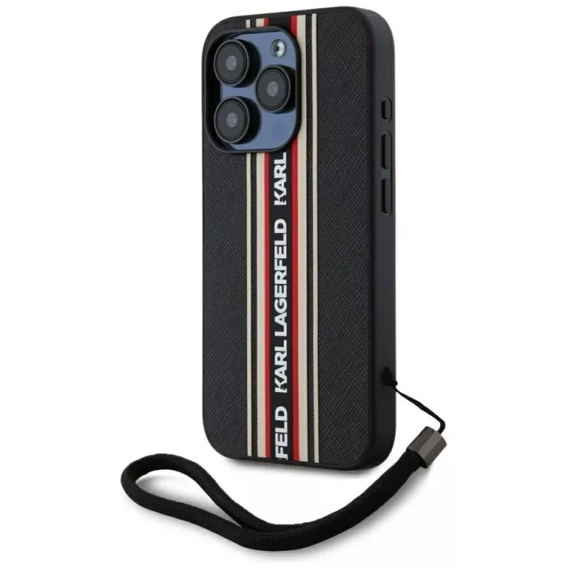 KARL LAGERFELD Saffiano Athleisure Stripes Cord custodia per iPhone 15 Pro, nero/rosso