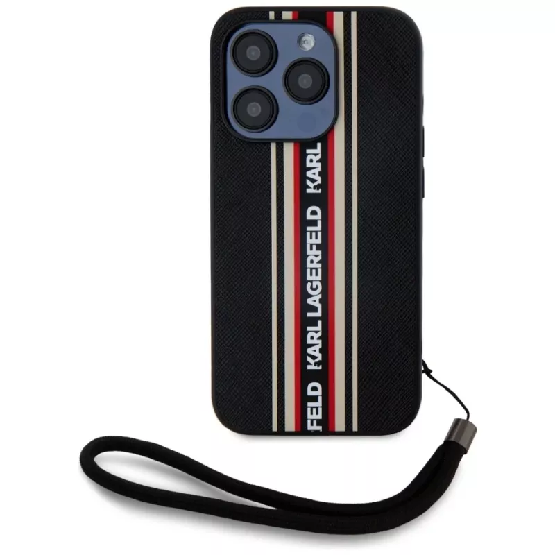 KARL LAGERFELD Saffiano Athleisure Stripes Cord custodia per iPhone 15 Pro Max, nero/rosso