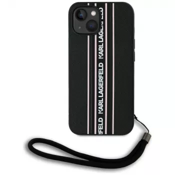 Karl Lagerfeld Saffiano Athleisure Stripes Cord custodia per iPhone 15, nero-rosa
