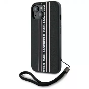 Karl Lagerfeld Saffiano Athleisure Stripes Cord custodia per iPhone 15, nero-rosa